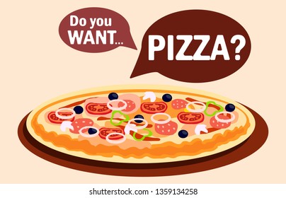 Pizza with Different Flavours Vector Web Banner. Bakery Advertisement Poster with Speech Clouds. Baked Delicious Pastry on Wooden Plate. Freshly Cooked Dough with Meat, Cheese and Vegetables