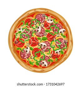 Pizza with different ingredients. Top view pizza. Fresh and juicy restornana pizza. Italian fast food