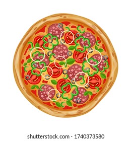 Pizza with different ingredients. Top view pizza. Fresh Restornana Pizza