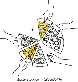 Pizza with different pieces and hands. For advertising, boxes. Vector.