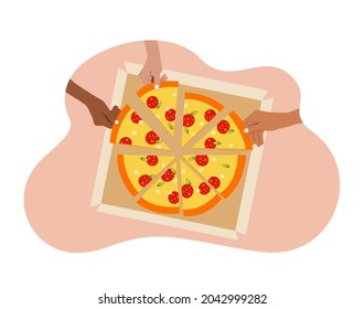 Pizza with different pieces and hands. For advertising, boxes.
