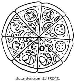 Pizza with different slices Hand drawn . Doodle Vector illustration