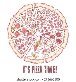 Pizza with different slices. Hand drawn food. Sketched vector illustration