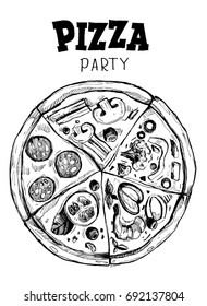 Pizza with different slices. Hand drawn vector illustration