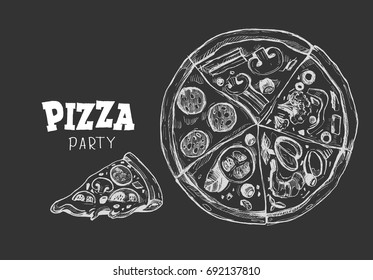 Pizza with different slices. Hand drawn vector illustration