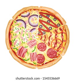 Pizza from different slices top view isolated on white photo-realistic vector illustration.