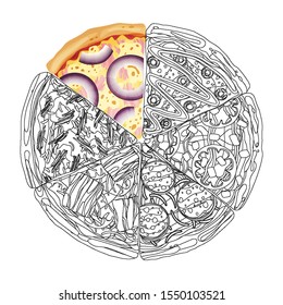 Pizza from different slices top view isolated on white photo-realistic and coloring vector illustration.
