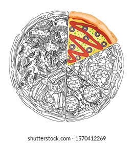 Pizza from different slices top view isolated on white photo-realistic and coloring vector illustration.