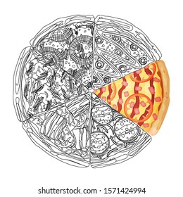 Pizza from different slices top view isolated on white photo-realistic and coloring vector illustration.