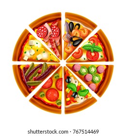 pizza from different slices top view isolated on white photo-realistic vector illustration