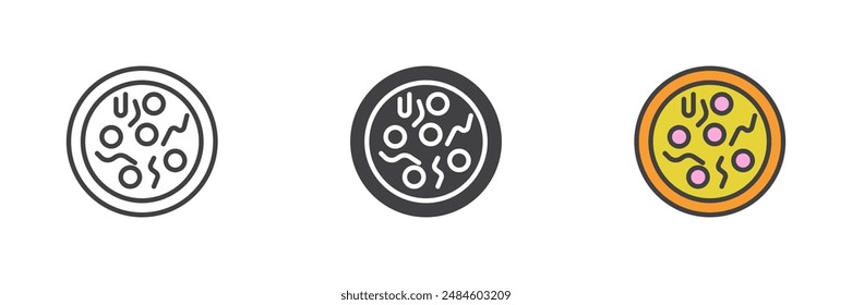 Pizza different style icon set. Line, glyph and filled outline colorful version, outline and filled vector sign. Fast food symbol, logo illustration. Vector graphics