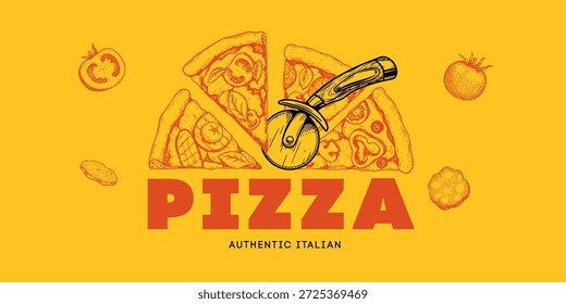 Pizza diferentes fatias de sabor com cortador redondo. Modelo tradicional italiano de design de alimentos. Melhor para folhetos, pacotes, projetos de menu de entrega. Ilustração vetorial.