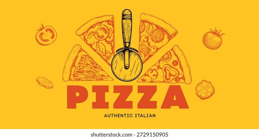 Rebanadas de pizza de sabor diferente con cortador redondo. Plantilla de diseño de comida tradicional italiana. Lo mejor para volantes, paquetes, diseños de menú de entrega. Ilustración vectorial.