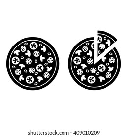 Pizza with different toppings Vector Illustration. Whole pizza and pizza with separate slice