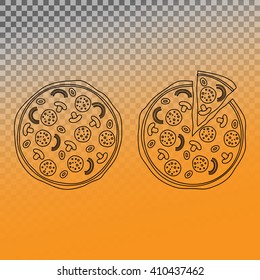 Pizza with different toppings Vector Illustration. Whole pizza and pizza with separate slice