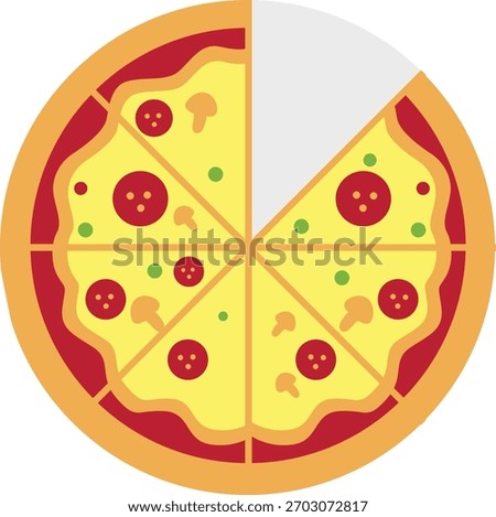 A pizza divided into eight equal slices with seven selected to show seven-eighths, perfect for fraction concepts, math activities, classroom worksheets, and educational materials.