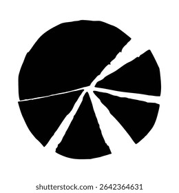 A pizza is divided into six unequal segments radiating from the center. The style is stark and graphic with a rough, hand-drawn feel. The image is monochrome against a white background.