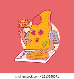 Pizza DJ character playing music vector illustration. Food, advertising, and music design concepts.