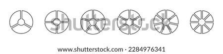 Pizza, donut or pie chart templates. Circle divided on 3, 4, 5, 6, 7, 8 equal slices. Wheel diagrams with three, four, five, six, seven, eight sectors. Vector graphic illustration