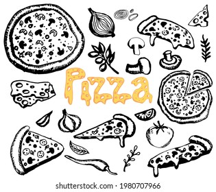 Pizza doodle black line set. Italian hand drawn pizzas with mushrooms, pepper, tomato, olive, cheese. Pizza pieces and ingredients vector collection