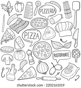 Pizza Doodle Icons. Hand Made Line Art. Italian Food Clipart Logotype Symbol Design.