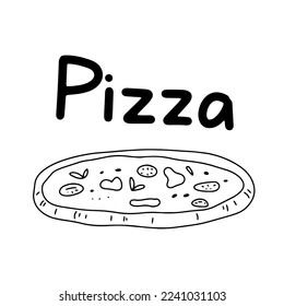 Ilustración del doodle de Pizza. Esbozo de contorno vectorial aislado en blanco. Letras