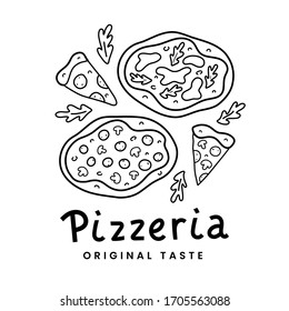 Pizza doodle, linear vector drawing, isolated vector, tasty italian pizza with mozarella, margarita and pepperoni with mushroom. Various pizza slices, delicious italian food.