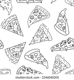 Pizza doodle monocromo patrón sin fisuras. Esbozo de contorno del vector en blanco