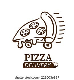 Logo del vector de contorno de doodle de Pizza. Una rebanada de pizza con ruedas para el servicio de entrega, restaurante, cena y menú italiano. Icono gráfico sobre fondo blanco. Plantilla de logotipo de pizzería.