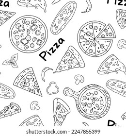 Pizza doodle seamless pattern. Vector outline sketch on white