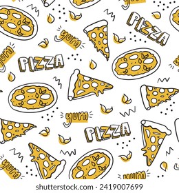 Pizza doodle seamless pattern. White background perfect for wallpaper, banner, pizza wrapping paper, fabric etc.