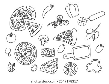 Conjunto de doodle de pizza. Comida italiana. Clip-art para pizzaria e café. Desenho desenhado à mão Ilustração vetorial