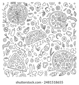 Pizza doodle set. Vector isolated on white background