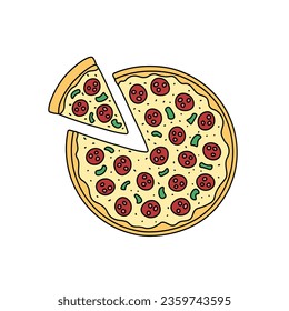 Pizza doodle top view vector illustration isolated. Whole round pizza and cut slice. Outline fast food dish with salami and vegetables. Hand drawn cute elements.