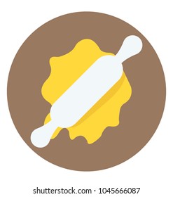 Pizza dough being rolled by a rolling pin 