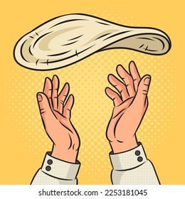 Pizza dough flying and pizzaiolo hands pinup pop art retro vector illustration. Comic book style imitation.