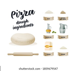 Pizza Dough Ingredients Set. Modern Flat Vector Concept Illustrations. Salt, Dry Yeast, Olive Oil, Water, Flour Package, Sugar. Delicious Ingredients with Ribbons. Rolling pin.