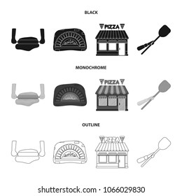 Pizza dough, oven, pizzeria building, spatula for billets. Pizza and pizzeria set collection icons in black,monochrome,outline style vector symbol stock illustration web.