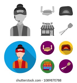 Pizza dough, oven, pizzeria building, spatula for billets. Pizza and pizzeria set collection icons in monochrome,flat style vector symbol stock illustration web.