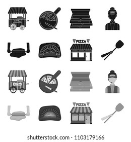 Pizza dough, oven, pizzeria building, spatula for billets. Pizza and pizzeria set collection icons in black,monochrome style vector symbol stock illustration web.
