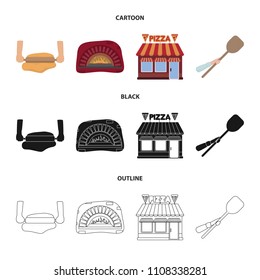 Pizza dough, oven, pizzeria building, spatula for billets. Pizza and pizzeria set collection icons in cartoon,black,outline style vector symbol stock illustration web.