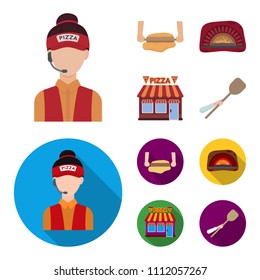 Pizza dough, oven, pizzeria building, spatula for billets. Pizza and pizzeria set collection icons in cartoon,flat style vector symbol stock illustration web.