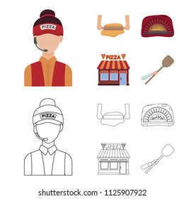 Pizza dough, oven, pizzeria building, spatula for billets. Pizza and pizzeria set collection icons in cartoon,outline style vector symbol stock illustration web.