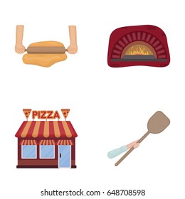 Pizza dough, oven, pizzeria building, spatula for billets. Set collection icons in cartoon style vector symbol stock illustration web.