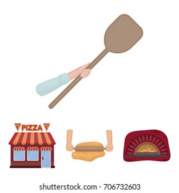 Pizza dough, oven, pizzeria building, spatula for billets. Pizza and pizzeria set collection icons in cartoon style vector symbol stock illustration web.