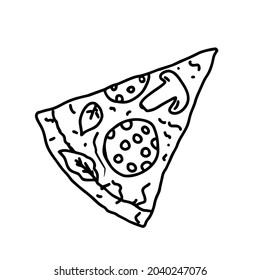 Pizza drawing, image for the menu. Cafe, pizzeria. Poster with slice of pizza.Black line drawing isolated on white .