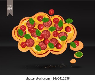 Pizza dream cloud. Fresh pizza with tomato, cheese, olive, sausage, basil. Top view meal. European snack. Isolated white background. Vector illustration.