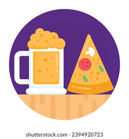 Una pizza con bebida haciendo una comida, un icono redondo plano