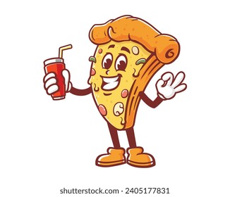 Pizza with a drink and okay hand pose  cartoon mascot illustration character vector clip art