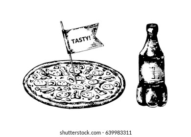 Pizza and drink. Vector illustration of a sketch. Hand-drawn.